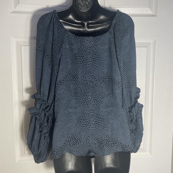 Parker Shirt Women XS Blue Black‎ Silk Peasant Ruffle Sleeve Sheer Animal Print - Picture 4 of 11